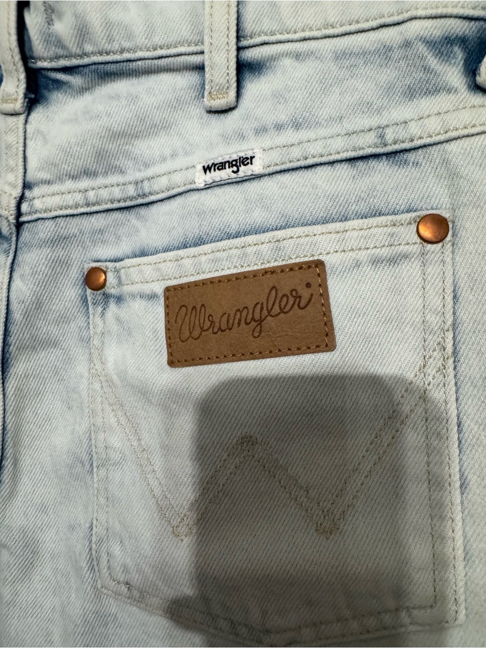 Wrangler Light Blue Denim Jean Shorts with Tan Leather Patch